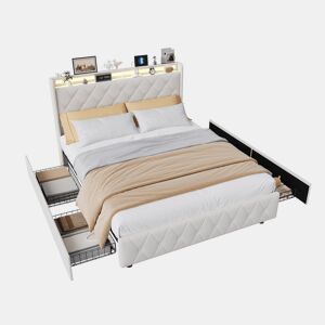 Cama de casal 160x200 com gavetas, cama de adulto, cama estofada, estrado de ripas, iluminação LED, carregamento USB,bege