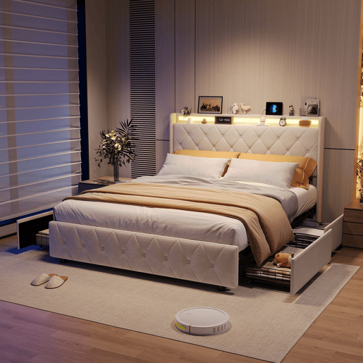Cama de casal 160x200 com gavetas, cama de adulto, cama estofada, estrado de ripas, iluminação LED, carregamento USB,bege