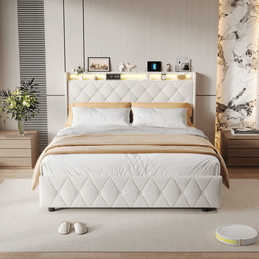 Cama de casal 160x200 com gavetas, cama de adulto, cama estofada, estrado de ripas, iluminação LED, carregamento USB,bege