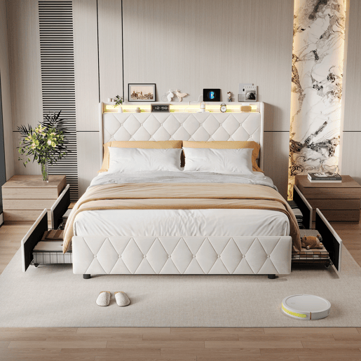 Cama de casal 160x200 com gavetas, cama de adulto, cama estofada, estrado de ripas, iluminação LED, carregamento USB,bege