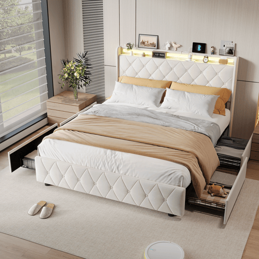 Cama de casal 160x200 com gavetas, cama de adulto, cama estofada, estrado de ripas, iluminação LED, carregamento USB,bege