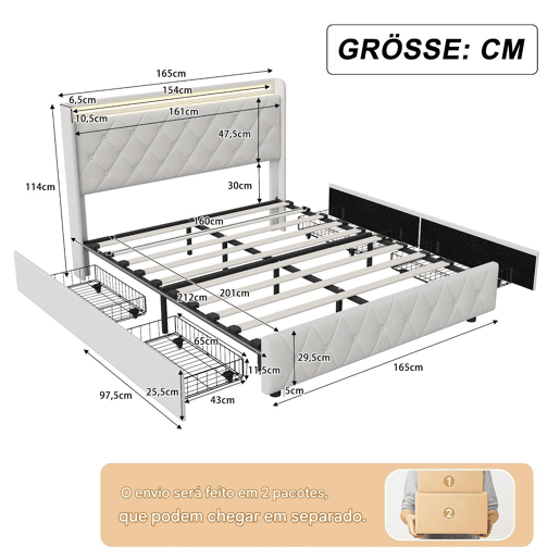 Cama de casal 160x200 com gavetas, cama de adulto, cama estofada, estrado de ripas, iluminação LED, carregamento USB,bege