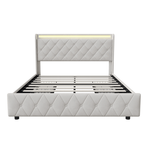 Cama de casal 160x200 com gavetas, cama de adulto, cama estofada, estrado de ripas, iluminação LED, carregamento USB,bege