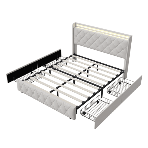 Cama de casal 160x200 com gavetas, cama de adulto, cama estofada, estrado de ripas, iluminação LED, carregamento USB,bege