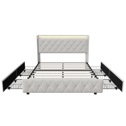 Cama de casal 160x200 com gavetas, cama de adulto, cama estofada, estrado de ripas, iluminação LED, carregamento USB,bege