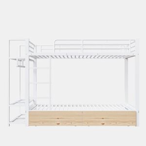 Beliche 90x200 cm - Estrutura em ferro, 2 gavetas, prateleiras, LED, barra para roupa - Branco