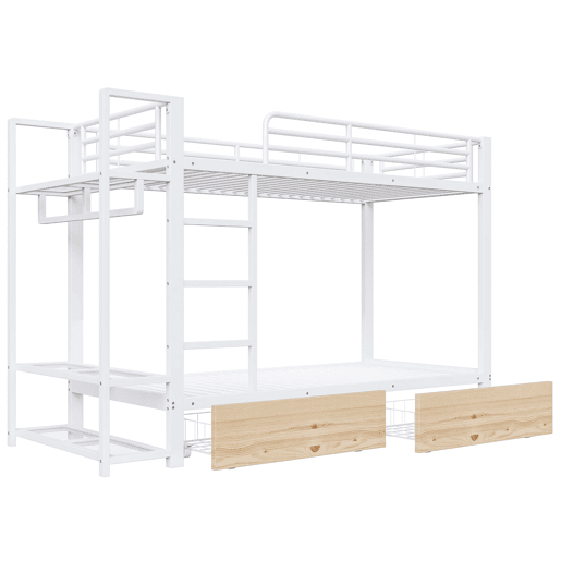 Beliche 90x200 cm - Estrutura em ferro, 2 gavetas, prateleiras, LED, barra para roupa - Branco