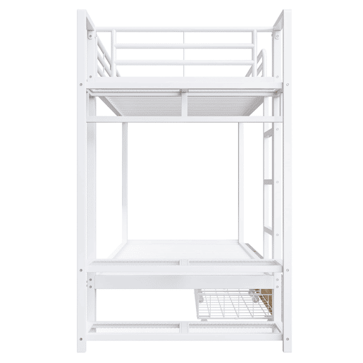 Beliche 90x200 cm - Estrutura em ferro, 2 gavetas, prateleiras, LED, barra para roupa - Branco
