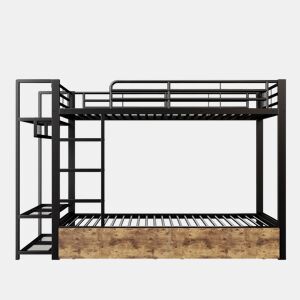 Beliche 90x200 cm - Estrutura em ferro, 2 gavetas, prateleiras, LED, barra para roupa - Preto