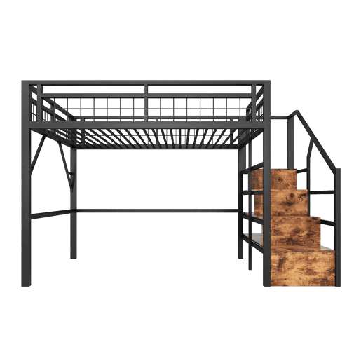 Cama alta 140x200 - Estrutura em ferro, LED, escadas com arrumação, espaço livre - Preto