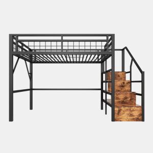 Cama alta 140x200 - Estrutura em ferro, LED, escadas com arrumação, espaço livre - Preto