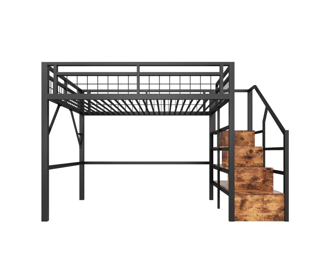 Cama alta 140x200 - estructura de hierro, led, escaleras con almacenamiento, espacio libre - negro