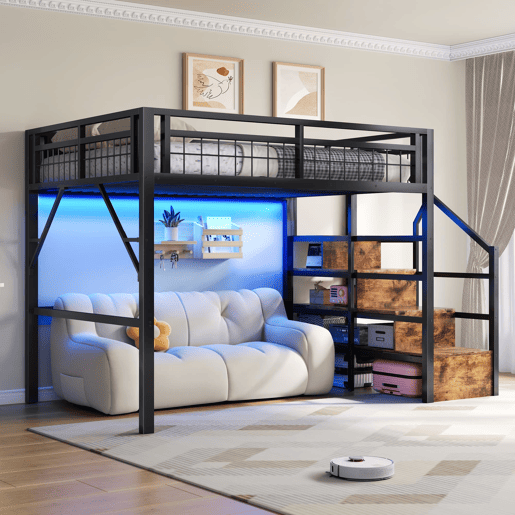 Cama alta 140x200 - Estrutura em ferro, LED, escadas com arrumação, espaço livre - Preto
