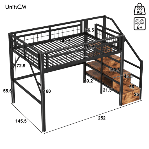Cama alta 140x200 - Estrutura em ferro, LED, escadas com arrumação, espaço livre - Preto