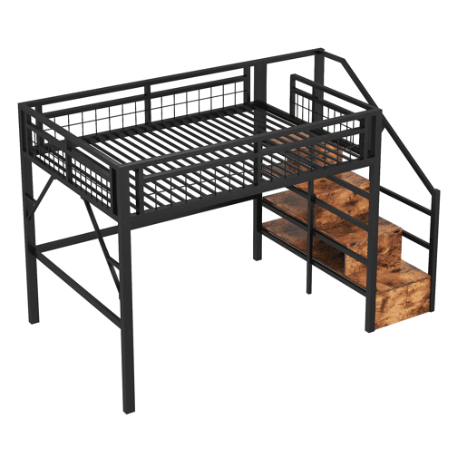 Cama alta 140x200 - Estrutura em ferro, LED, escadas com arrumação, espaço livre - Preto