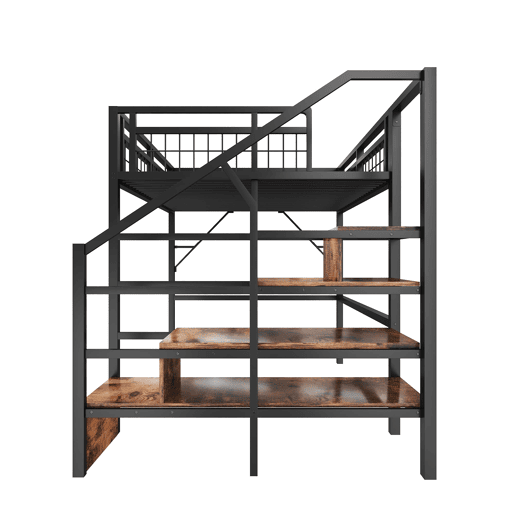 Cama alta 140x200 - Estrutura em ferro, LED, escadas com arrumação, espaço livre - Preto