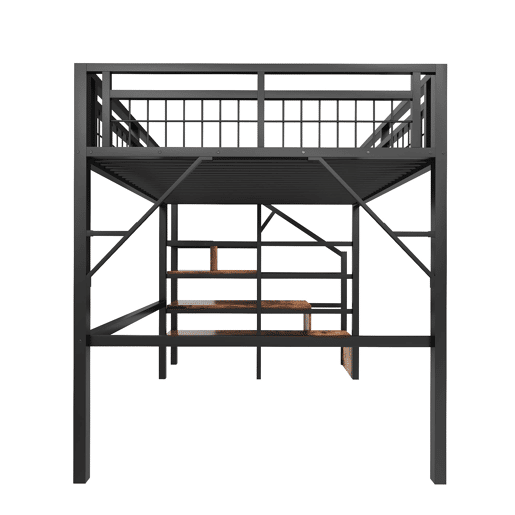 Cama alta 140x200 - Estrutura em ferro, LED, escadas com arrumação, espaço livre - Preto