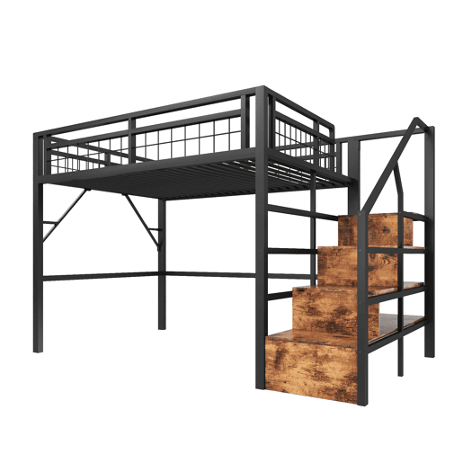 Cama alta 140x200 - Estrutura em ferro, LED, escadas com arrumação, espaço livre - Preto