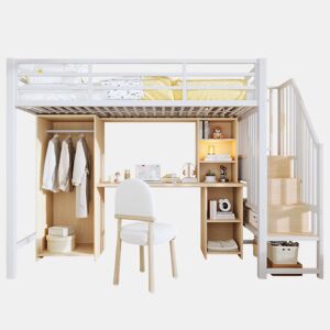 Cama alta 90x200 cm - Estrutura em ferro, armário, secretária e escada com arrumação - Branco