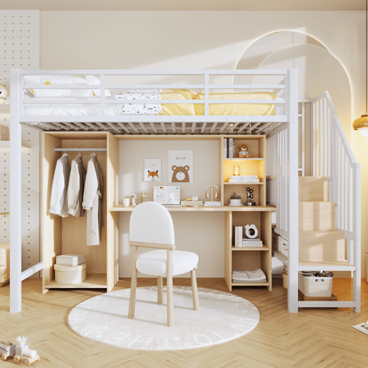 Cama alta 90x200 cm - Estrutura em ferro, armário, secretária e escada com arrumação - Branco