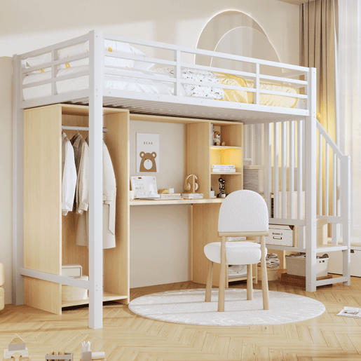 Cama alta 90x200 cm - Estrutura em ferro, armário, secretária e escada com arrumação - Branco