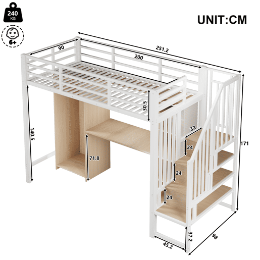 Cama alta 90x200 cm - Estrutura em ferro, armário, secretária e escada com arrumação - Branco
