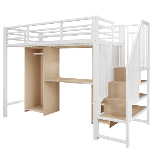 Cama alta 90x200 cm - Estrutura em ferro, armário, secretária e escada com arrumação - Branco