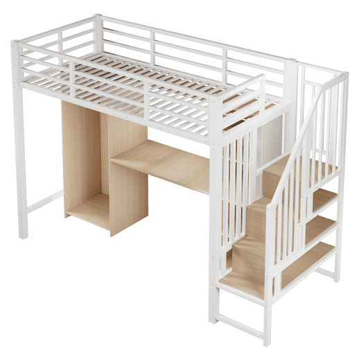 Cama alta 90x200 cm - Estrutura em ferro, armário, secretária e escada com arrumação - Branco