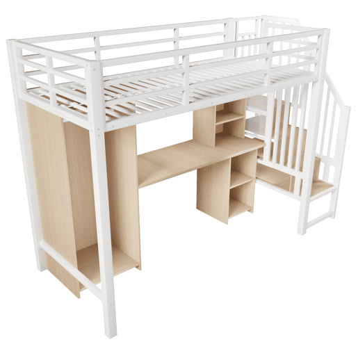 Cama alta 90x200 cm - Estrutura em ferro, armário, secretária e escada com arrumação - Branco