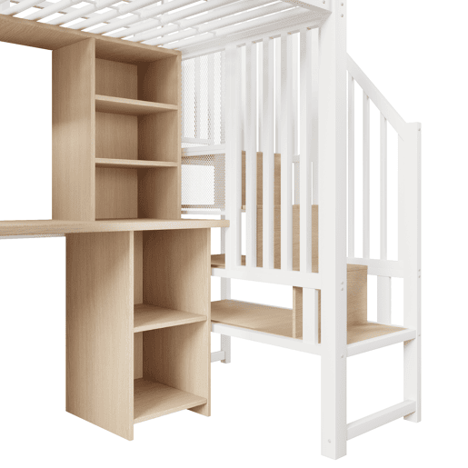Cama alta 90x200 cm - Estrutura em ferro, armário, secretária e escada com arrumação - Branco