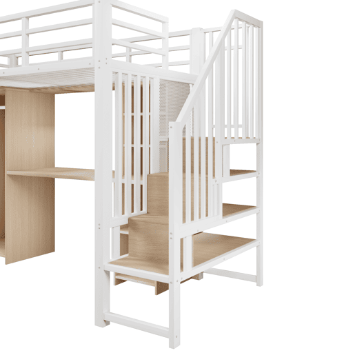 Cama alta 90x200 cm - Estrutura em ferro, armário, secretária e escada com arrumação - Branco