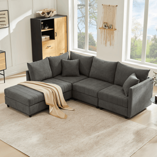 Sofá modular de 5 lugares - chaise longue convertível, L ou U, moderno, sala de estar, apartamento, cinza