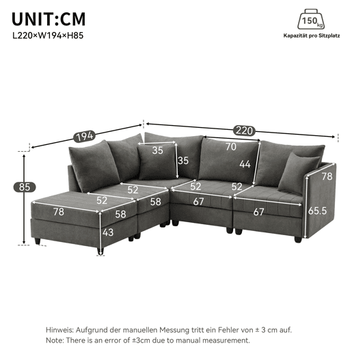 Sofá modular de 5 lugares - chaise longue convertível, L ou U, moderno, sala de estar, apartamento, cinza