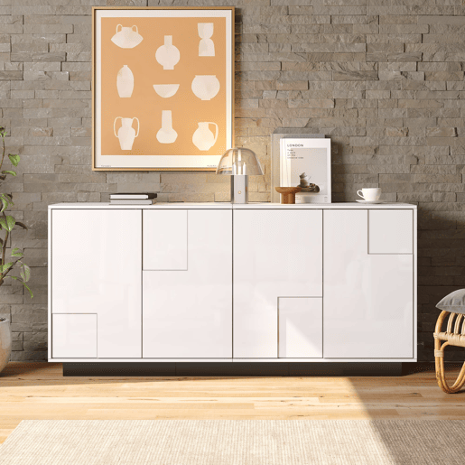 Aparador de sala 160x37x75,5 cm - 4 portas, design geométrico, grande capacidade de arrumação - Branco Aparador de sala 160x37x75,5 cm - 4 portas, design geométrico, grande capacidade de arrumação - Branco