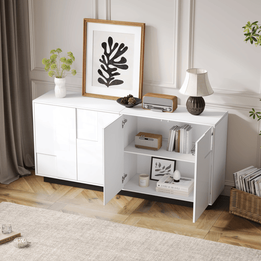 Aparador de sala 160x37x75,5 cm - 4 portas, design geométrico, grande capacidade de arrumação - Branco Aparador de sala 160x37x75,5 cm - 4 portas, design geométrico, grande capacidade de arrumação - Branco