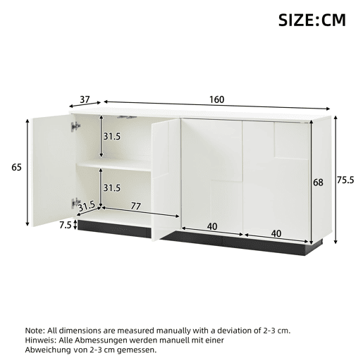 Aparador de sala 160x37x75,5 cm - 4 portas, design geométrico, grande capacidade de arrumação - Branco Aparador de sala 160x37x75,5 cm - 4 portas, design geométrico, grande capacidade de arrumação - Branco