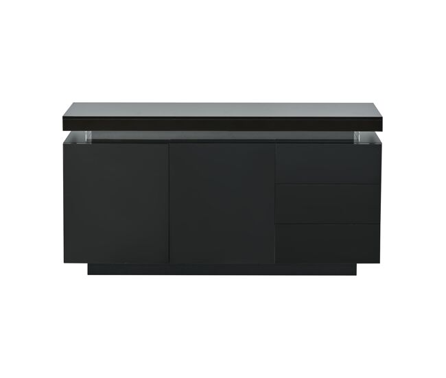 Aparador 140x35x72,5cm - 2 puertas 3 cajones, alto brillo, led, sin tiradores - negro