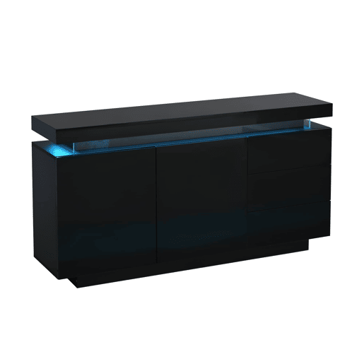 Aparador 140x35x72,5 cm - 2 portas, 3 gavetas, alto brilho, LED, sem puxadores - Preto Aparador 140x35x72,5 cm - 2 portas, 3 gavetas, alto brilho, LED, sem puxadores - Preto