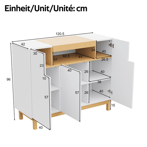Aparador com 3 portas - Armazenamento multifuncional para sala de estar e sala de jantar - Branco