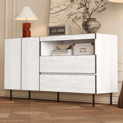 Aparador 150 cm - Minimalista, 2 portas, 2 gavetas, prateleiras abertas - Branco