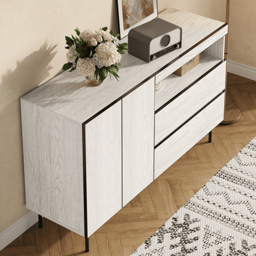 Aparador 150 cm - Minimalista, 2 portas, 2 gavetas, prateleiras abertas - Branco