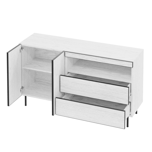 Aparador 150 cm - Minimalista, 2 portas, 2 gavetas, prateleiras abertas - Branco