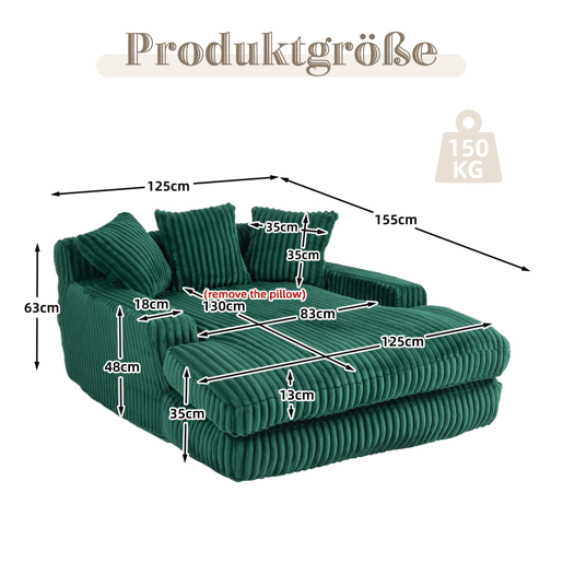 Sofá-cama individual - chão, estilo nuvem, com 3 almofadas - verde esmeralda