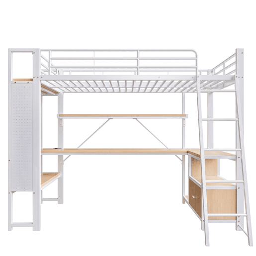 Cama alta 90x200 cm - Estrutura em ferro, LED, secretária, arrumação, USB - Branco