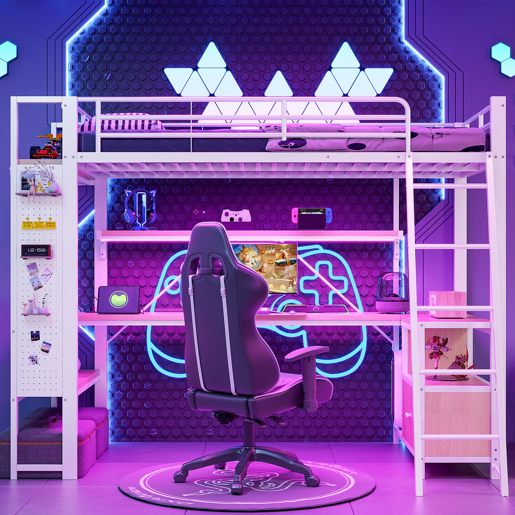 Cama alta 90x200 cm - Estrutura em ferro, LED, secretária, arrumação, USB - Branco
