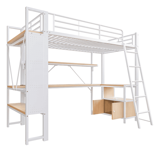 Cama alta 90x200 cm - Estrutura em ferro, LED, secretária, arrumação, USB - Branco
