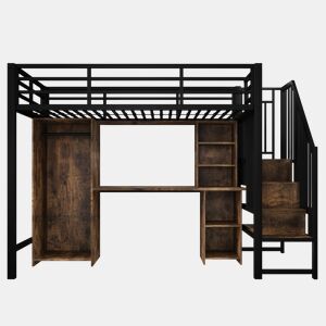 Cama alta 90x200 cm - Estrutura de ferro, armário, secretária e escada com arrumação - Preto