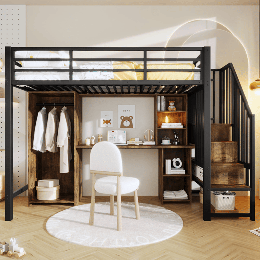 Cama alta 90x200 cm - Estrutura de ferro, armário, secretária e escada com arrumação - Preto