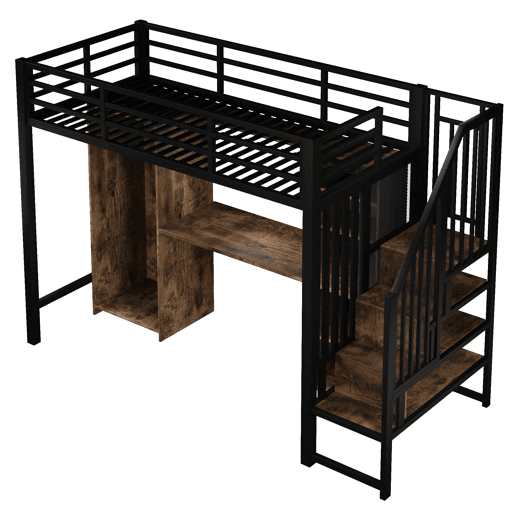 Cama alta 90x200 cm - Estrutura de ferro, armário, secretária e escada com arrumação - Preto