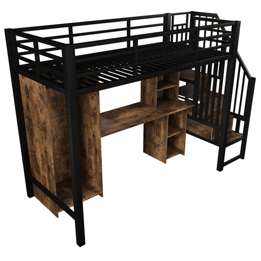 Cama alta 90x200 cm - Estrutura de ferro, armário, secretária e escada com arrumação - Preto
